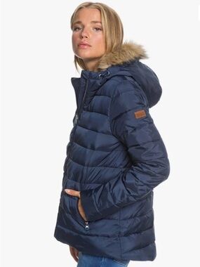 Roxy Quilted Puffer Jacket Women M Navy Faux Fur Hood Zip Winter Coat Ski